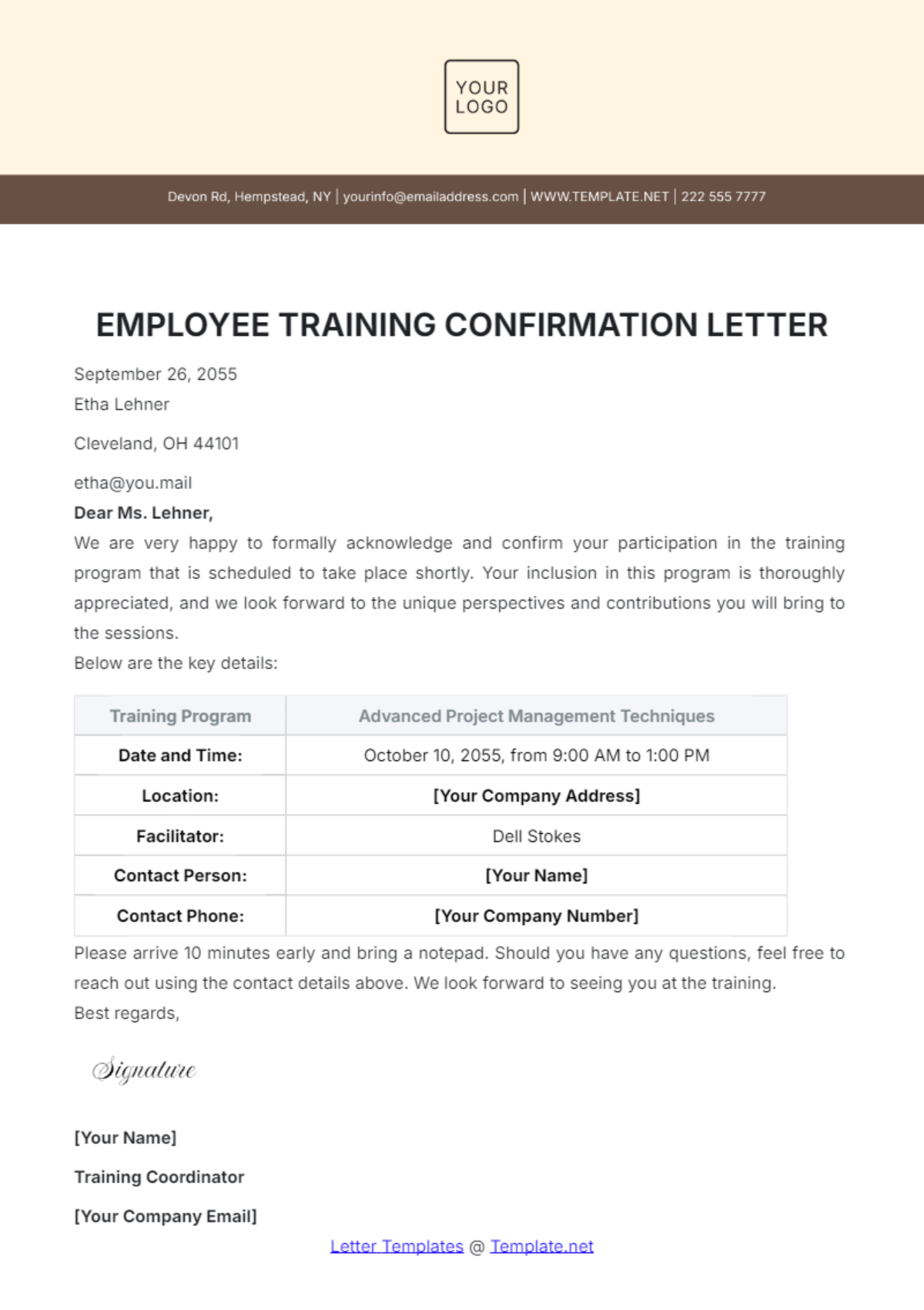 Employee Training Confirmation Letter Template - Edit Online & Download