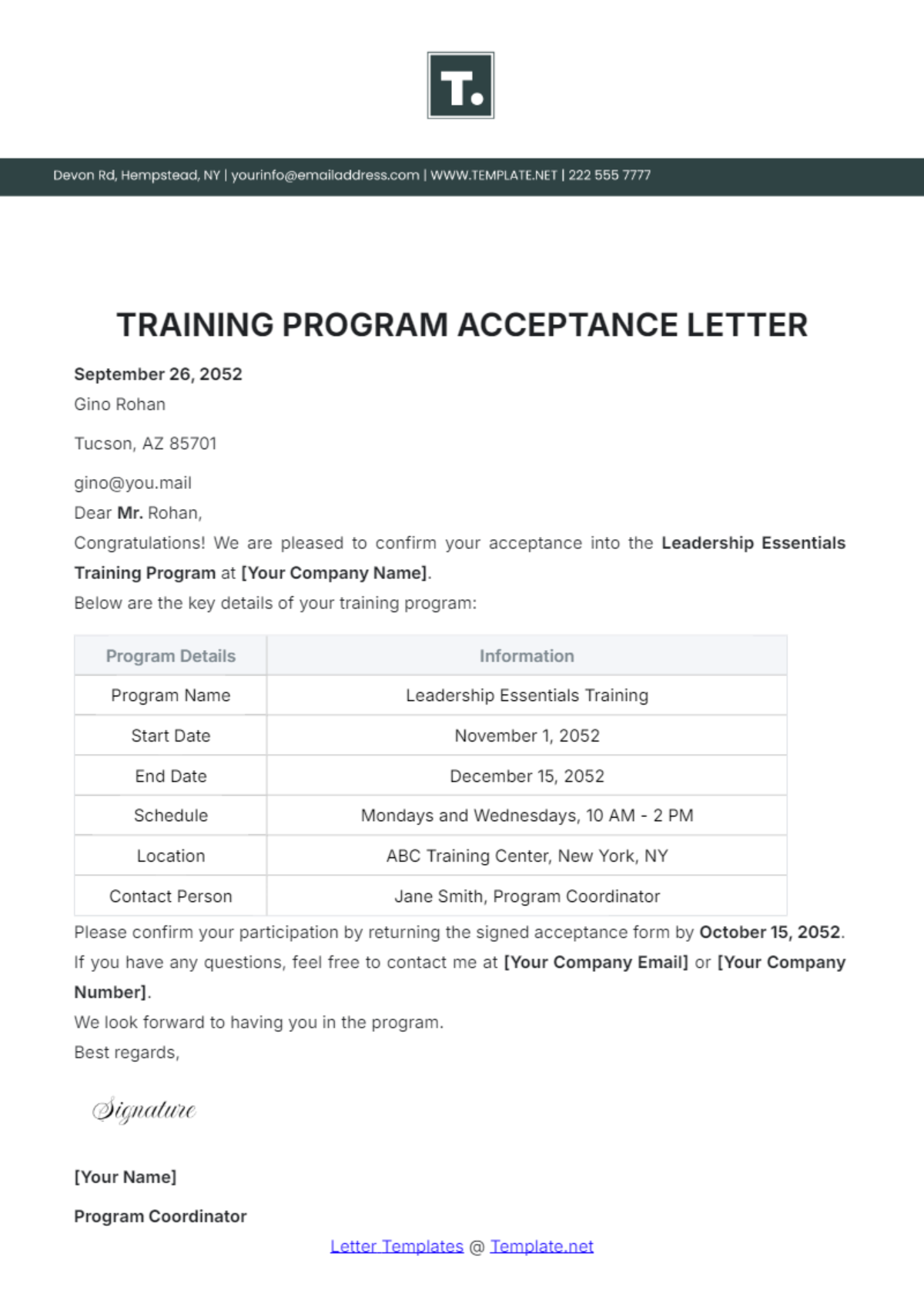 Training Program Acceptance Letter Template - Edit Online & Download