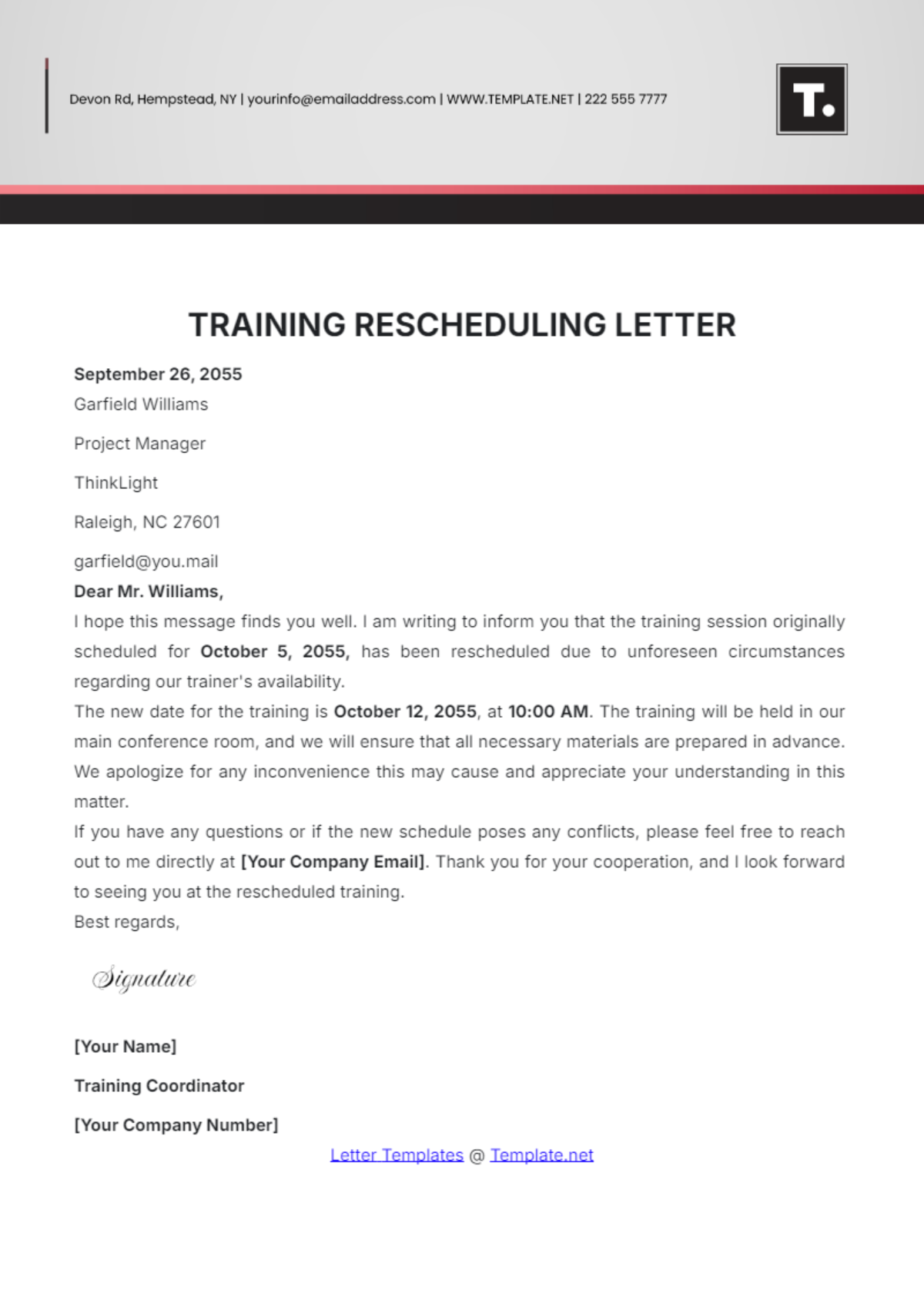 Training Rescheduling Letter Template - Edit Online & Download