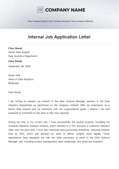 Free Internal Job Application Letter Template to Edit Online