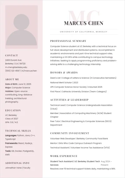 Free Sample Student ATS Resume Template, AI Resume Builder