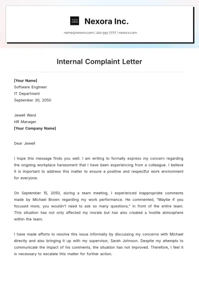 Free Internal Complaint Letter Template to Edit Online