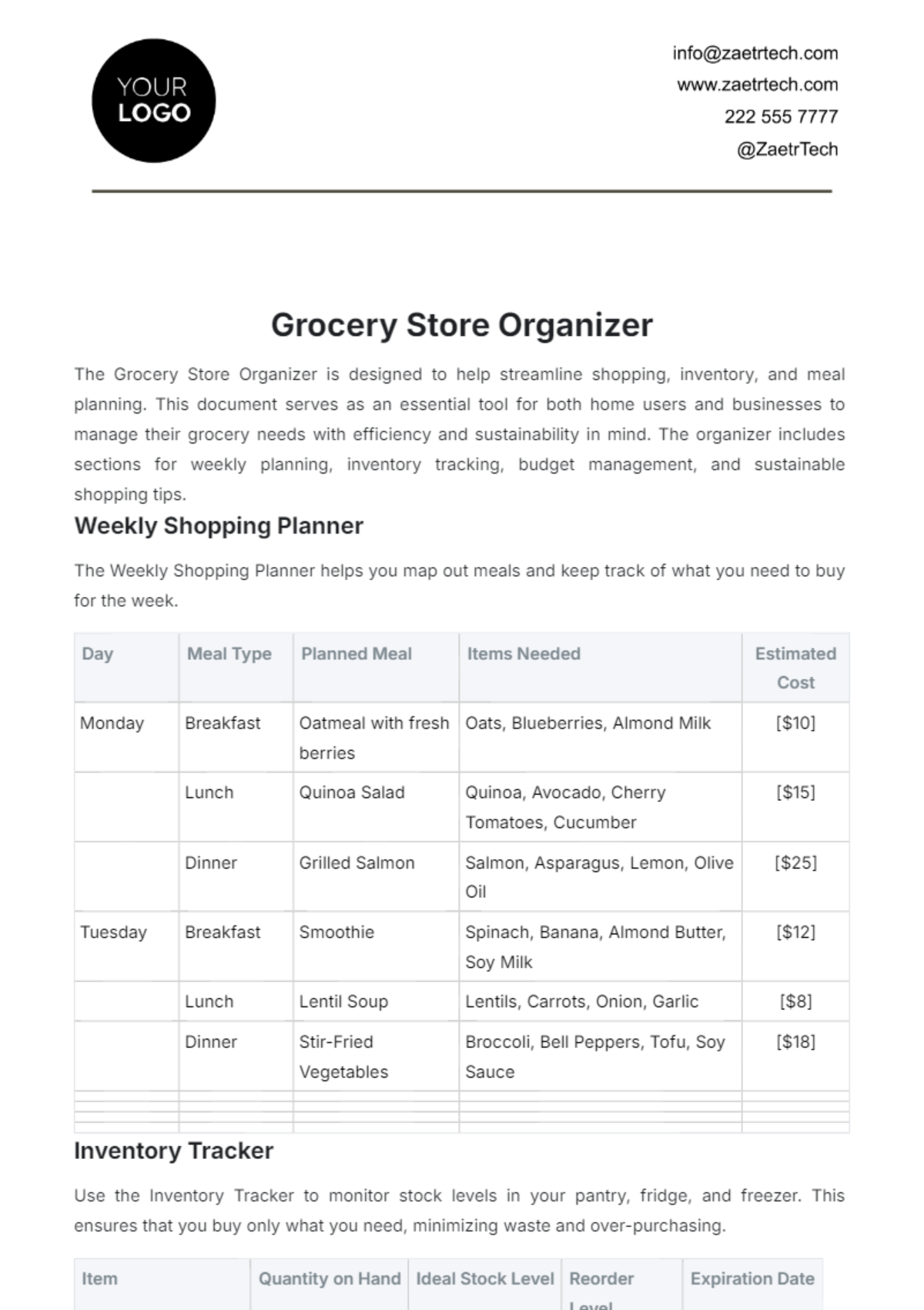 Grocery Store Organizer Template