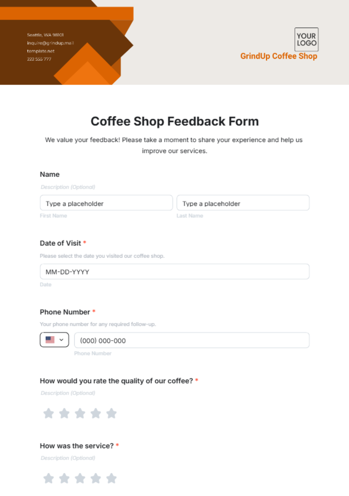 Coffee Shop Feedback Form Template - Edit Online & Download