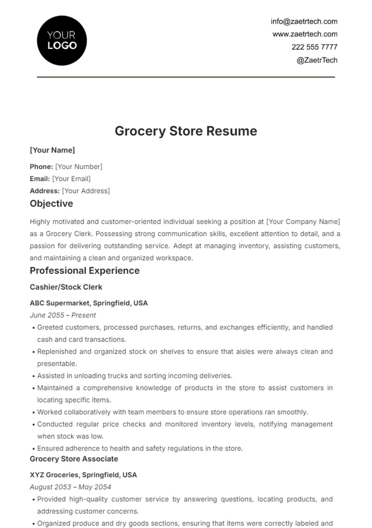 Grocery Store Resume Template