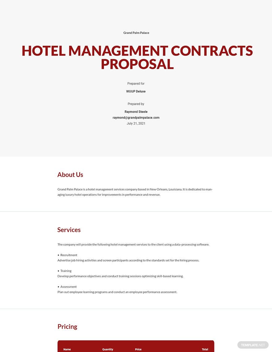 Printable Hotel Management Contracts Proposal Template 
