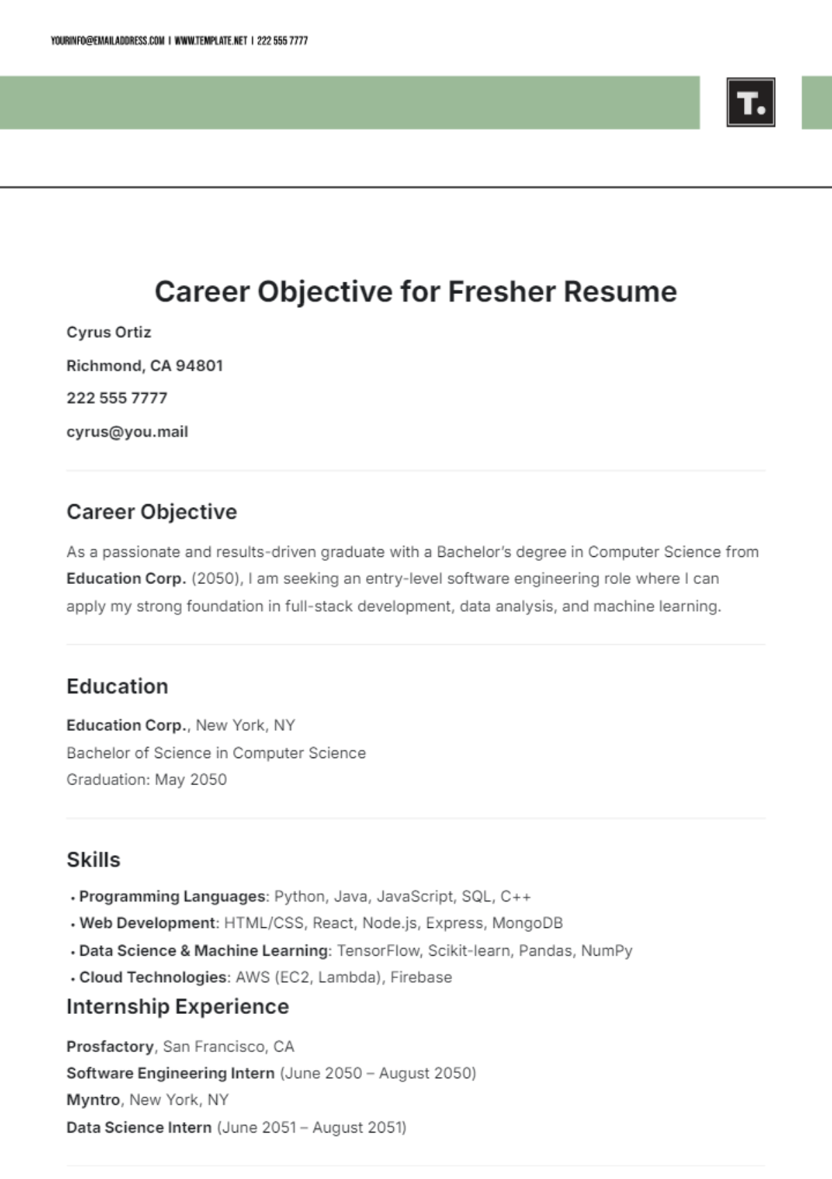 Free B.Com Fresher Resume Template to Edit Online