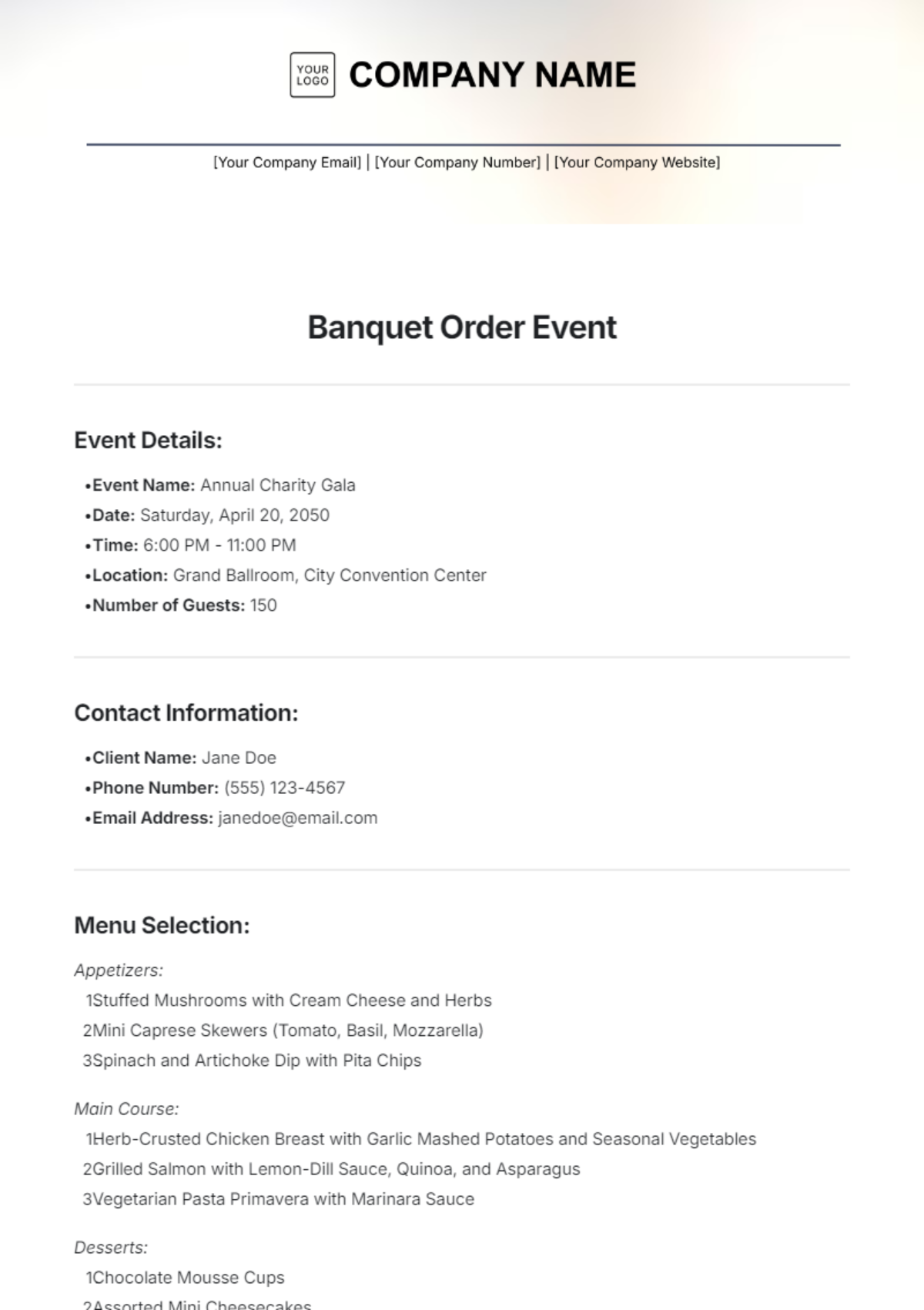 Banquet Order Event Template - Edit Online & Download