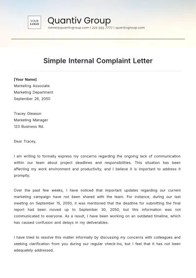 Free Simple Internal Complaint Letter Template to Edit Online