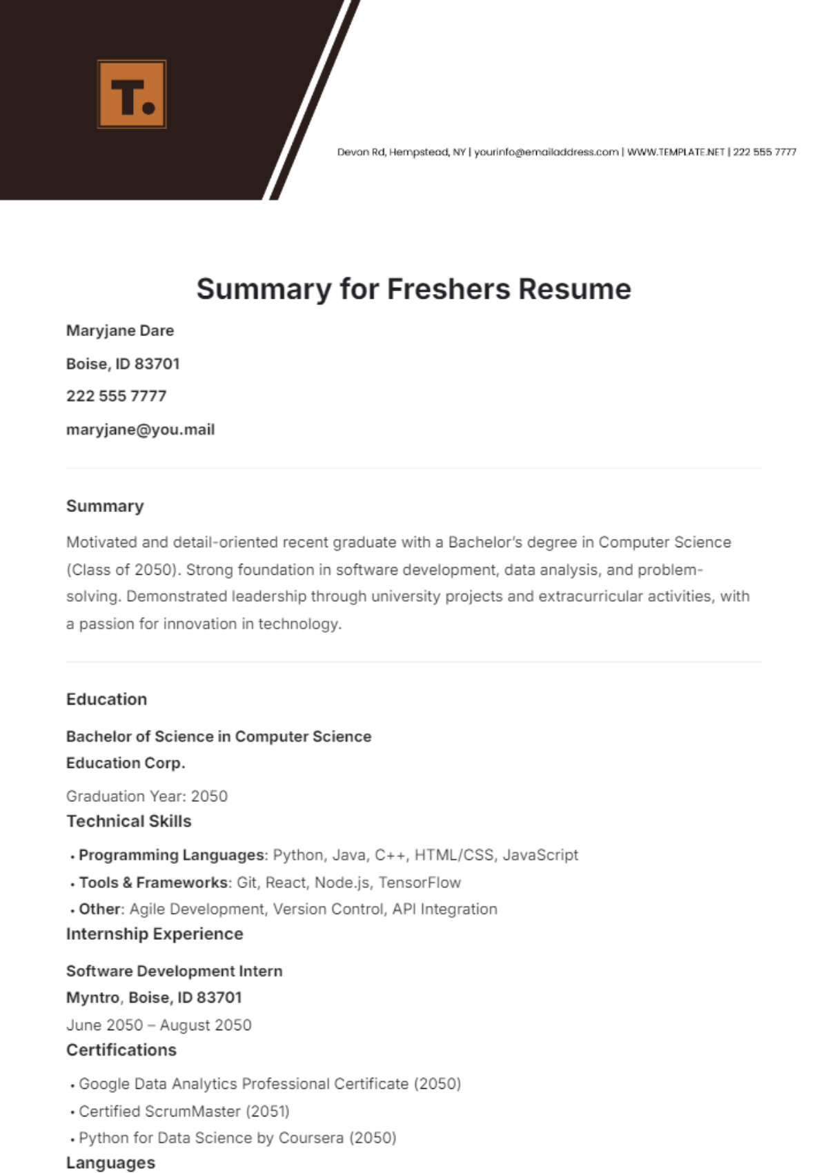 Free B.Com Fresher Resume Template to Edit Online