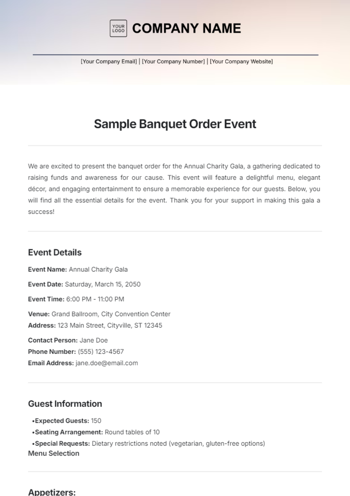 Sample Banquet Order Event Template - Edit Online & Download