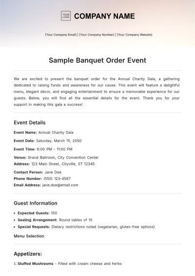 Free Sample Banquet Order Event Template to Edit Online