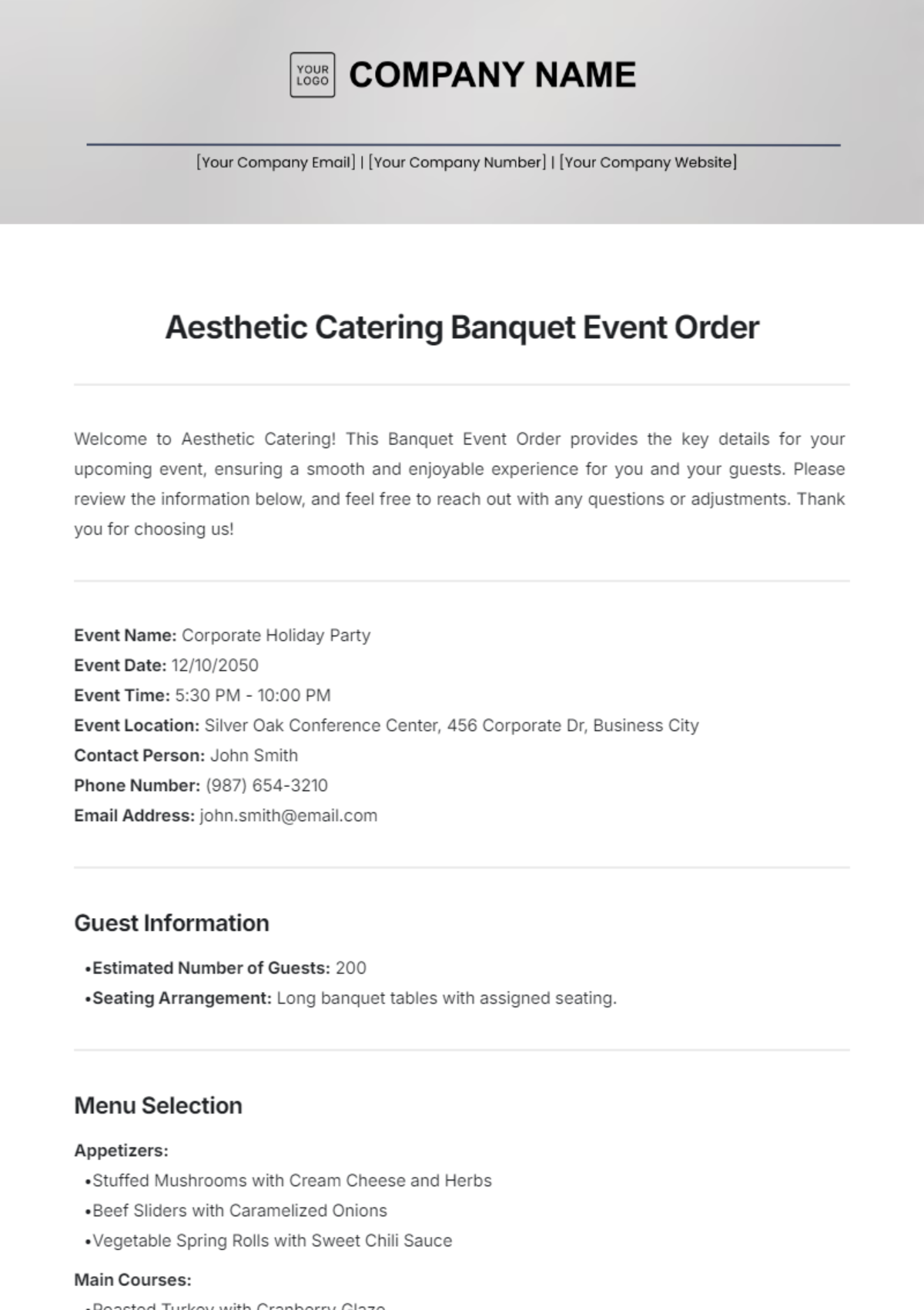 Aesthetic Catering Banquet Event Order Template - Edit Online & Download