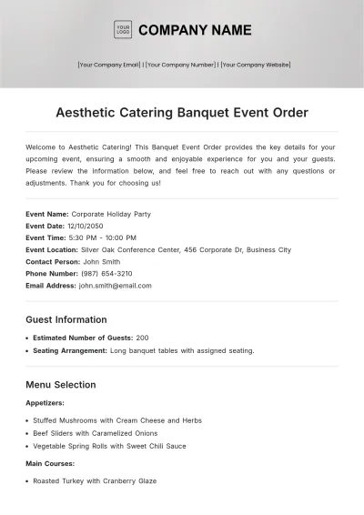 Free Aesthetic Catering Banquet Event Order Template to Edit Online