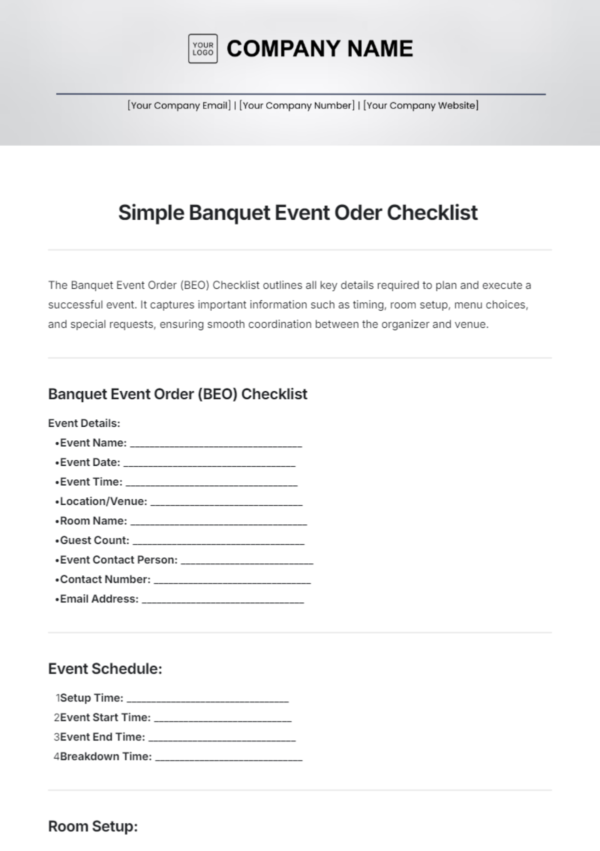 Simple Banquet Event Oder Checklist Template - Edit Online & Download