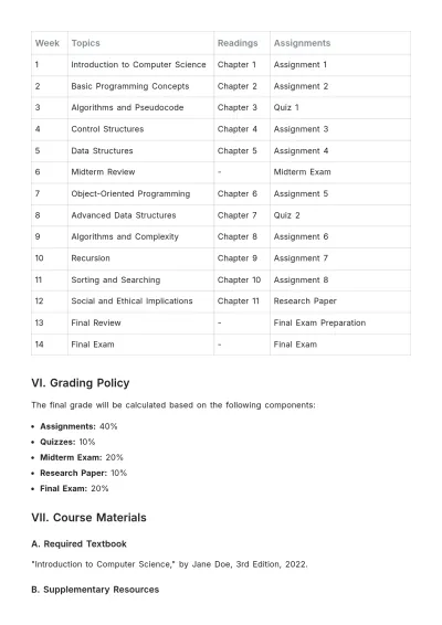 Free Higher Education Syllabus Template to Edit Online