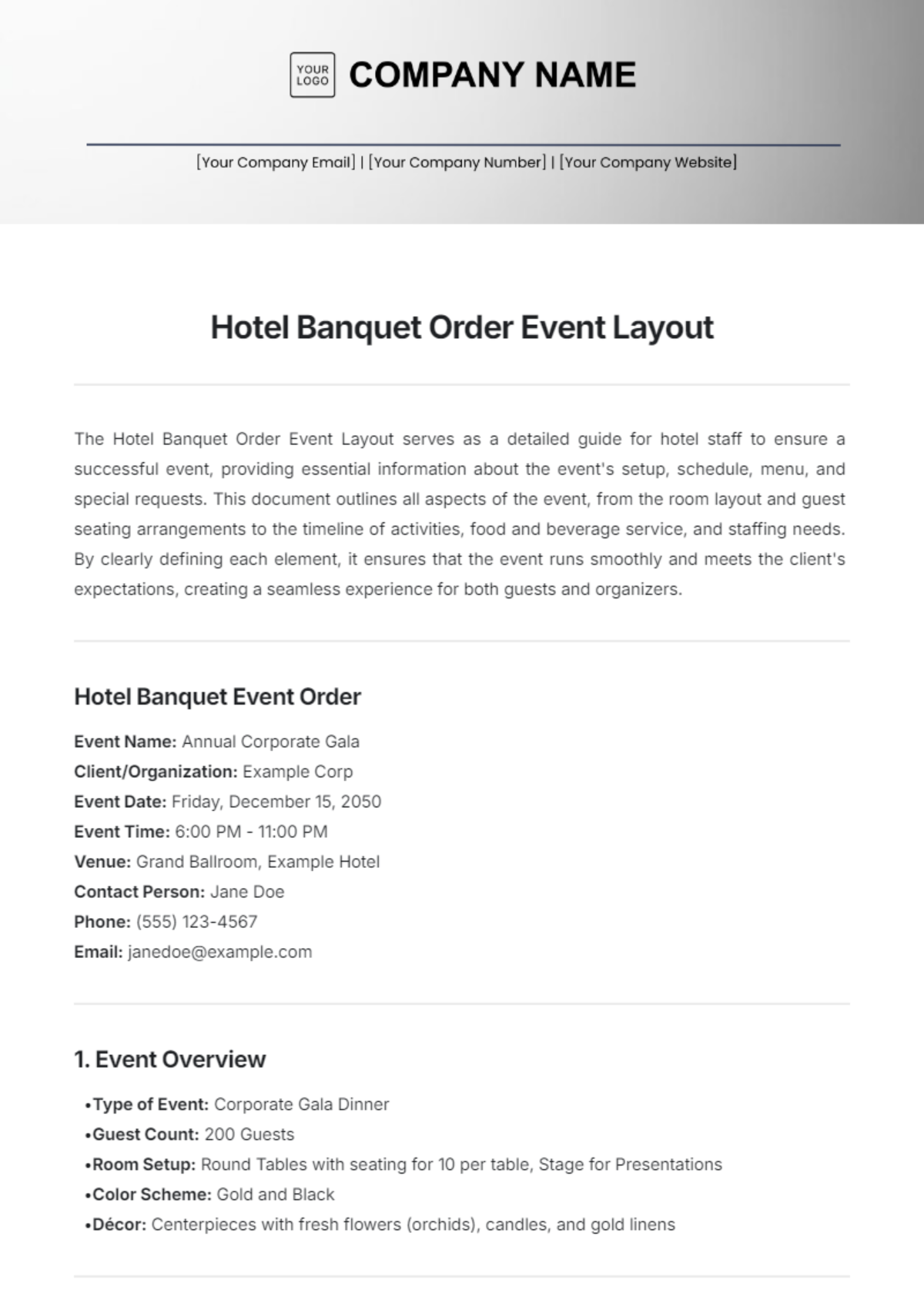 Hotel Banquet Order Event Layout Template - Edit Online & Download