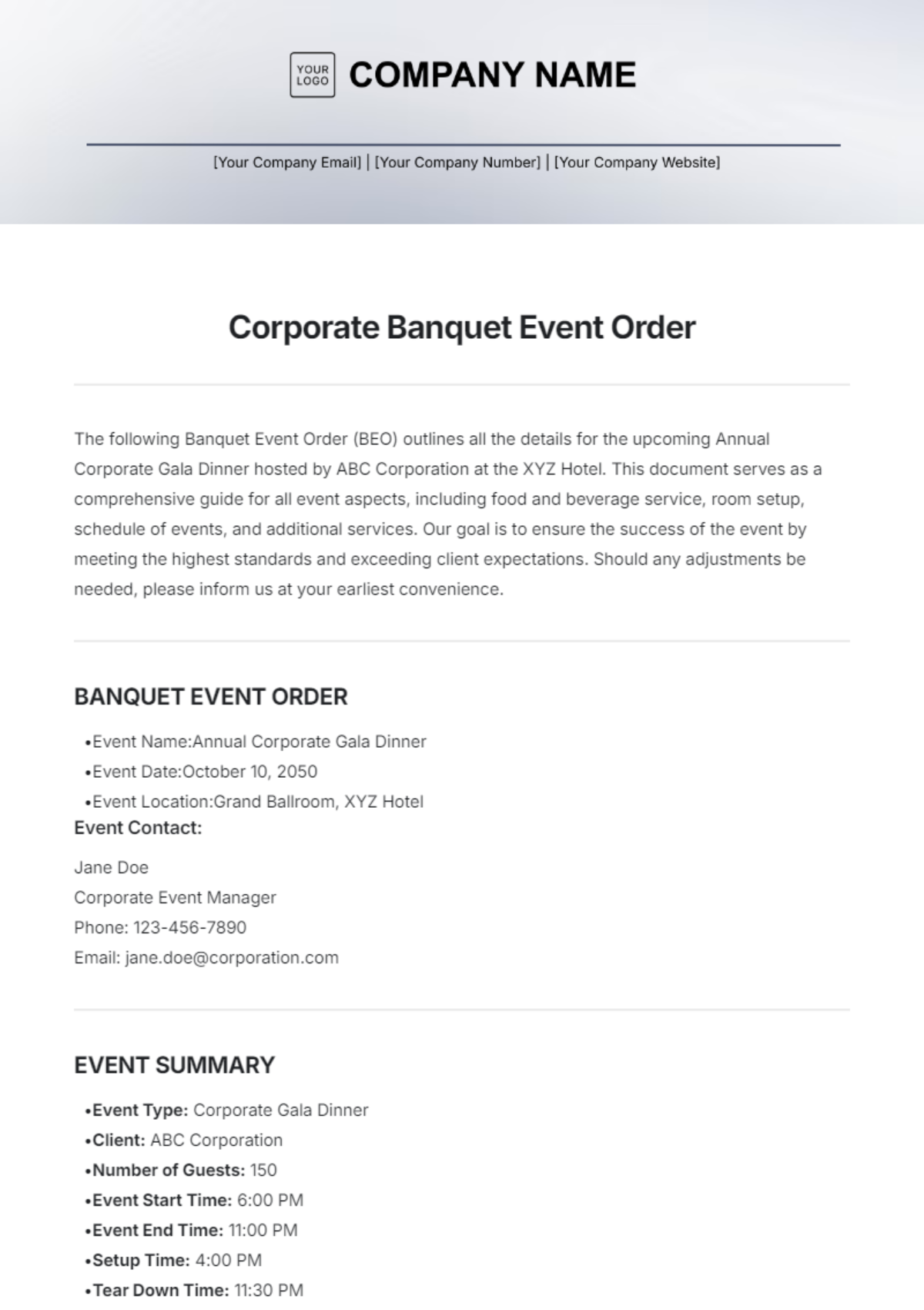 Corporate Banquet Event Order Template - Edit Online & Download