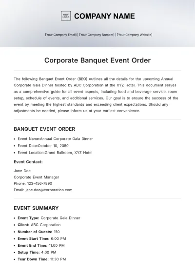 Free Corporate Banquet Event Order Template to Edit Online