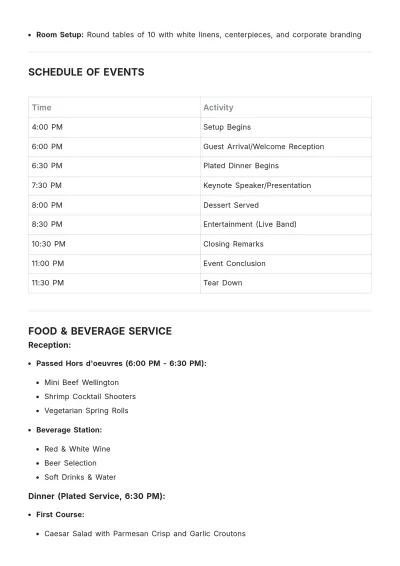 Free Corporate Banquet Event Order Template to Edit Online