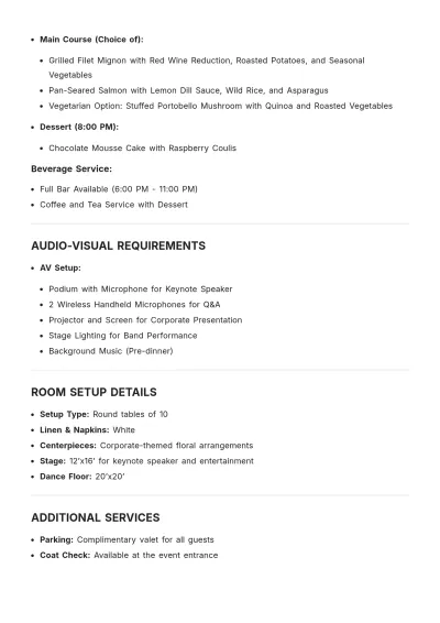 Free Corporate Banquet Event Order Template to Edit Online