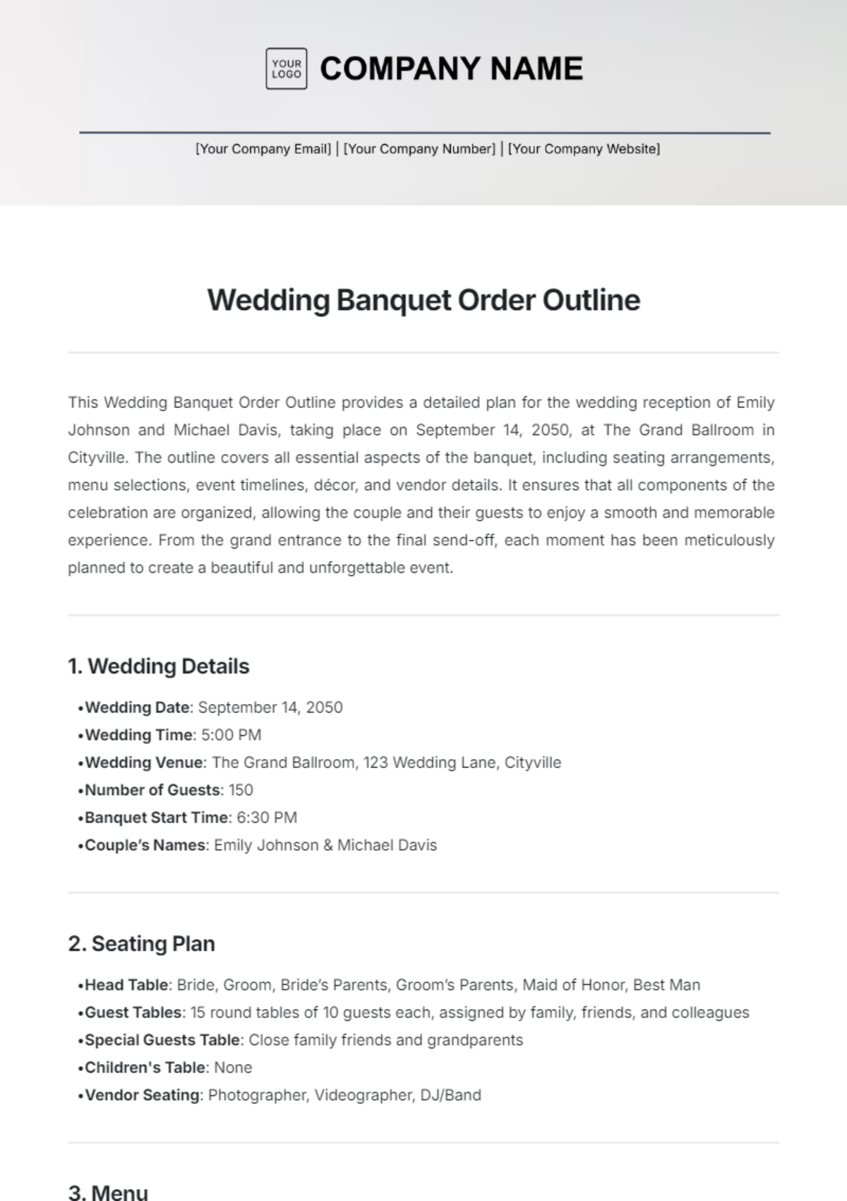 Wedding Banquet Order Outline Template - Edit Online & Download