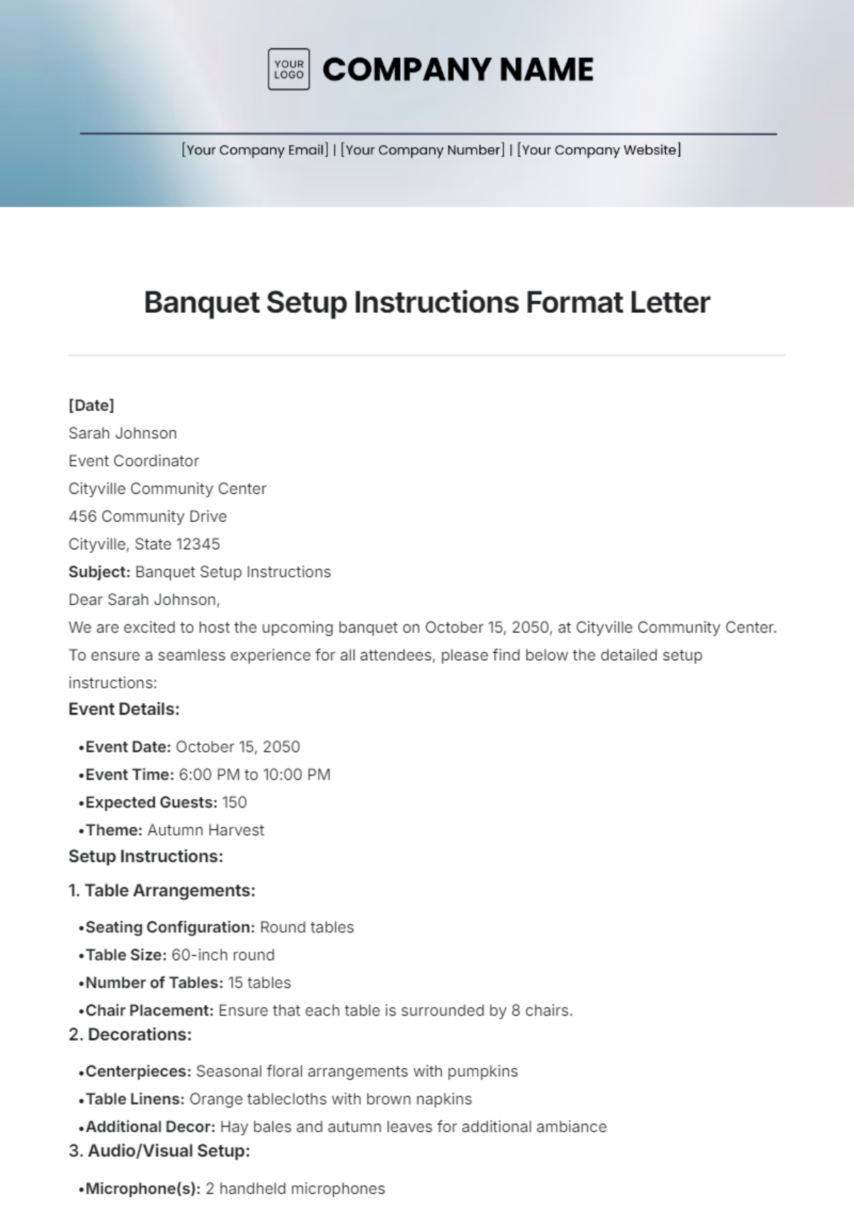 Banquet Setup Instructions Format Letter Template - Edit Online & Download