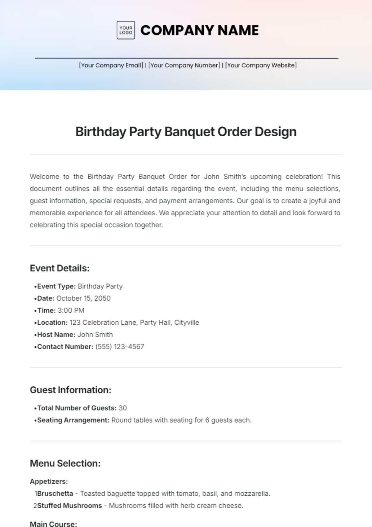 Birthday Party Banquet  Order Design Template - Edit Online & Download