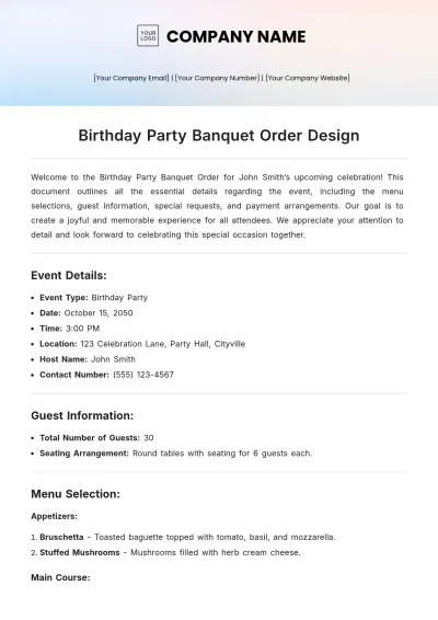 Free Birthday Party Banquet  Order Design Template to Edit Online