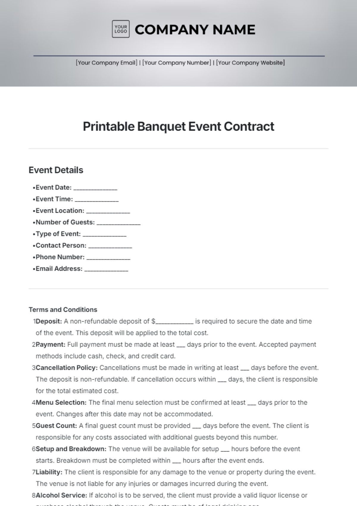 Printable Banquet Event Contract Template - Edit Online & Download