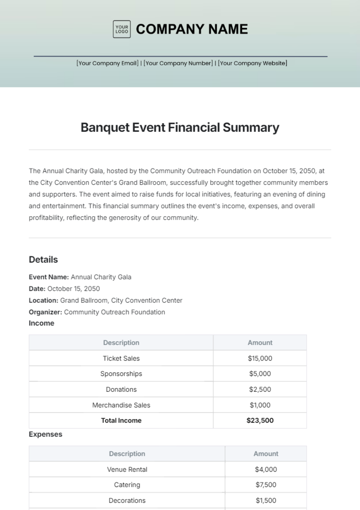 Banquet Event Financial Summary Template - Edit Online & Download