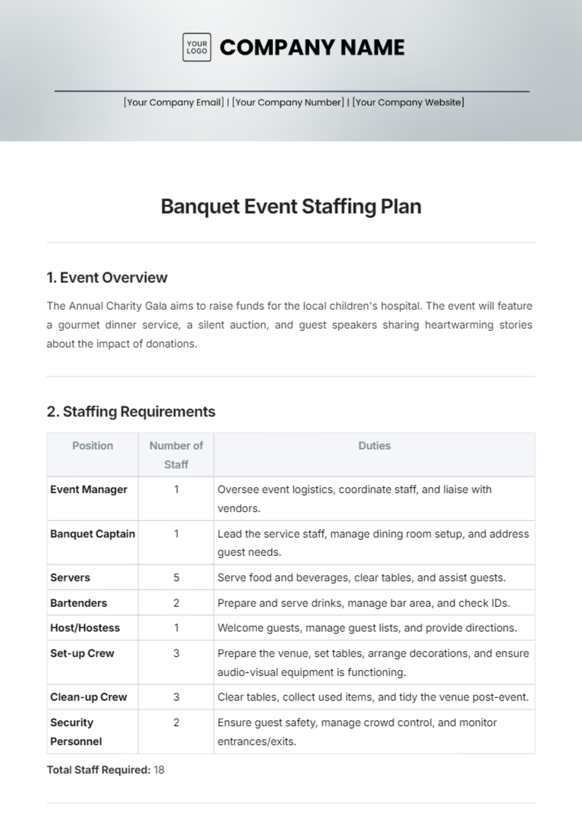 Banquet Event Staffing Plan Template - Edit Online & Download