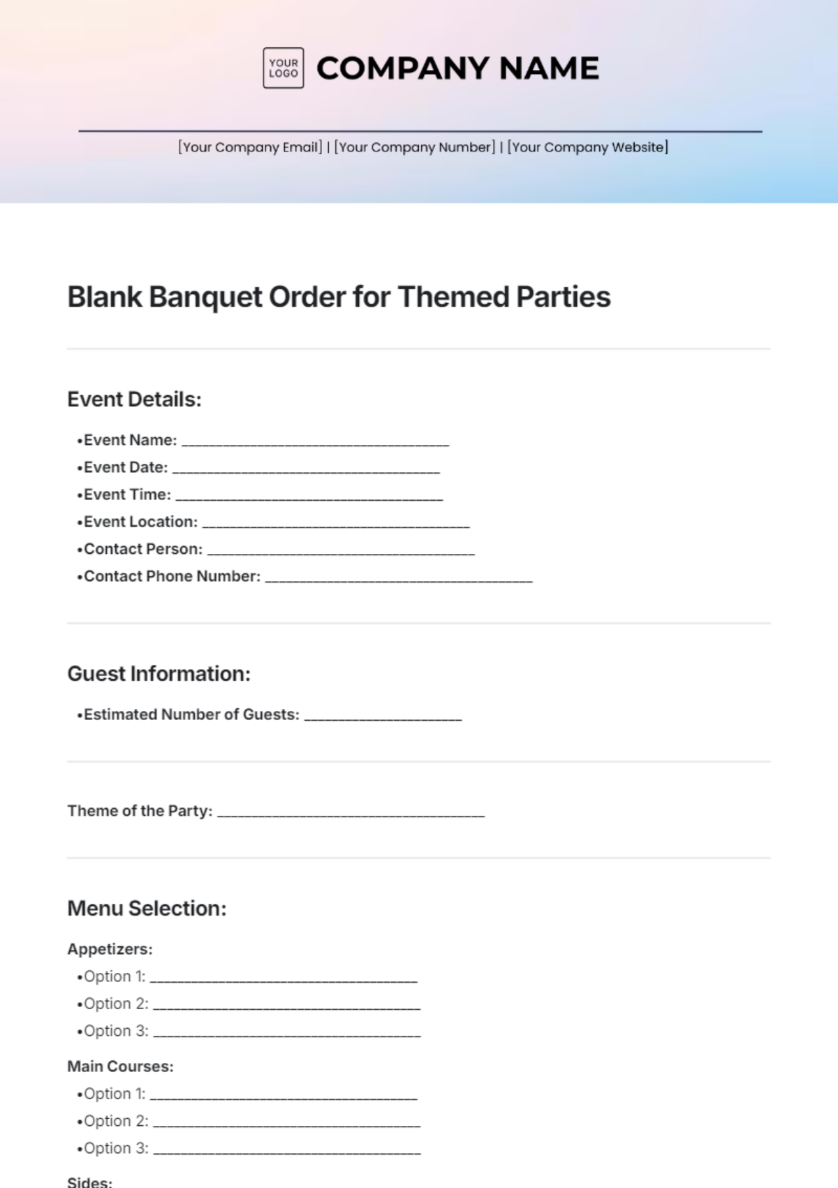 Blank Banquet Order for Themed Parties Template - Edit Online & Download