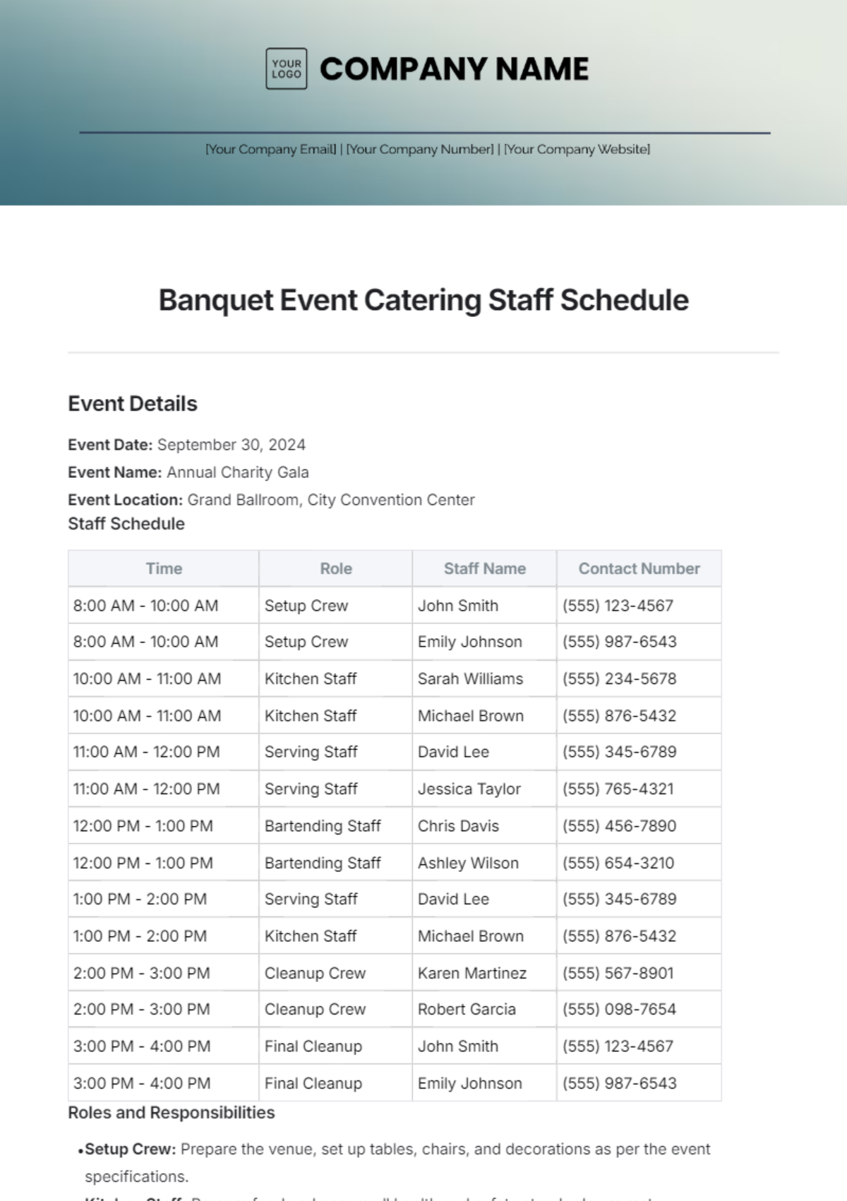 Banquet Event Catering Staff Schedule Template - Edit Online & Download