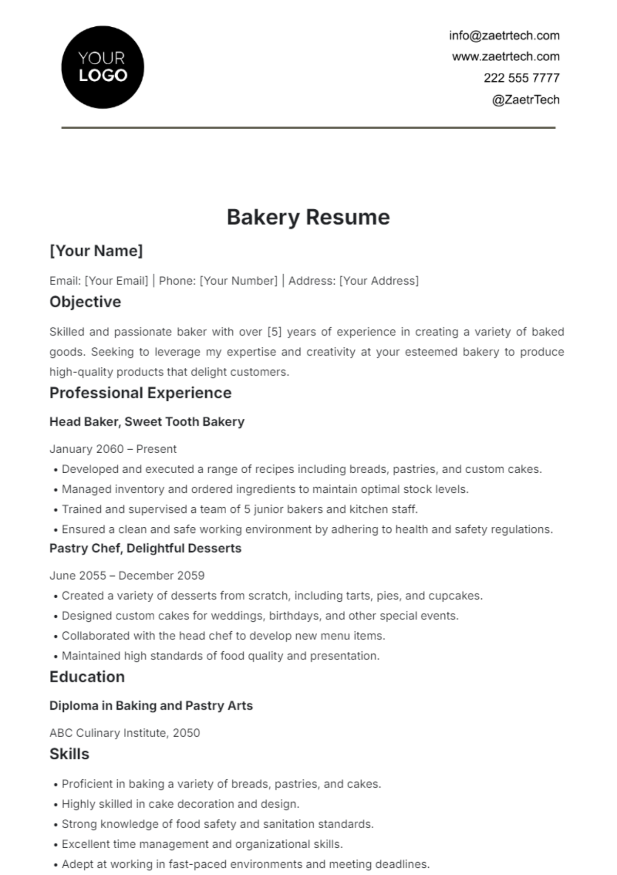 Bakery Resume Template