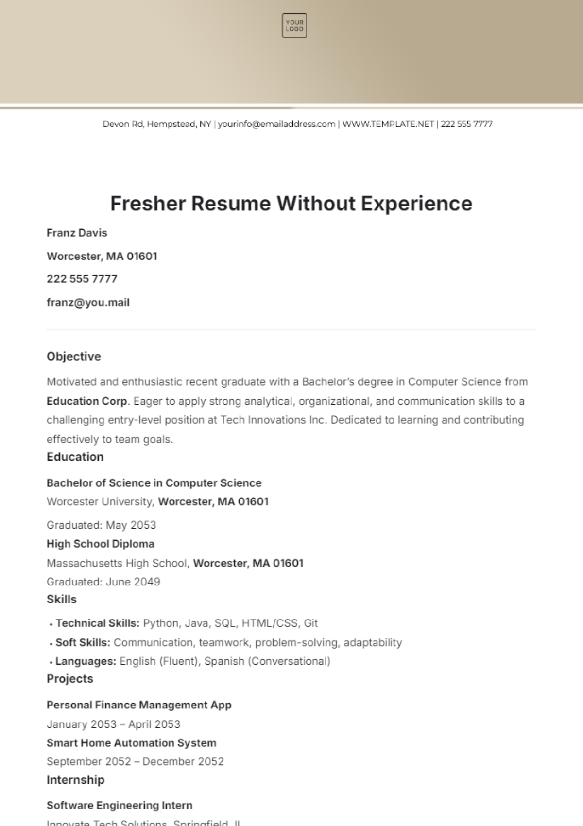 Free B.Com Fresher Resume Template to Edit Online