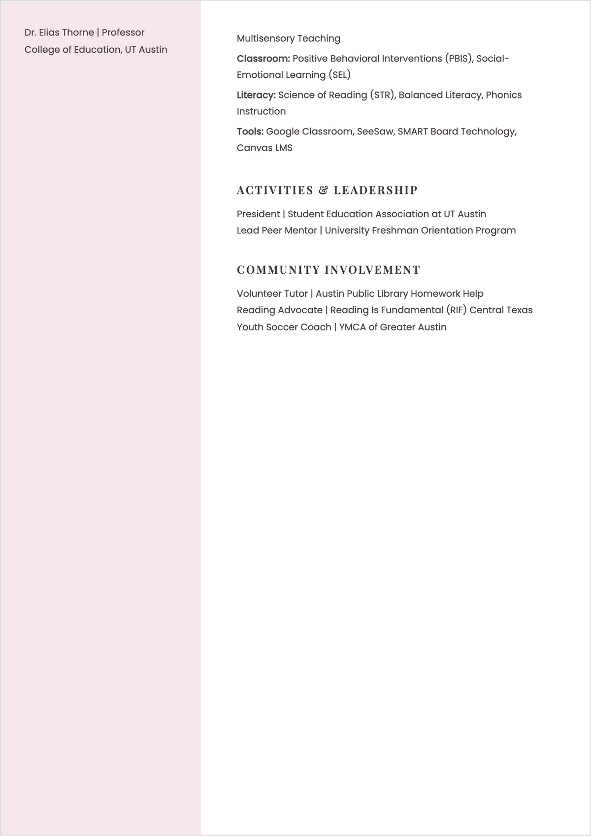Free Teacher Fresher ATS Resume Template, AI Resume Builder