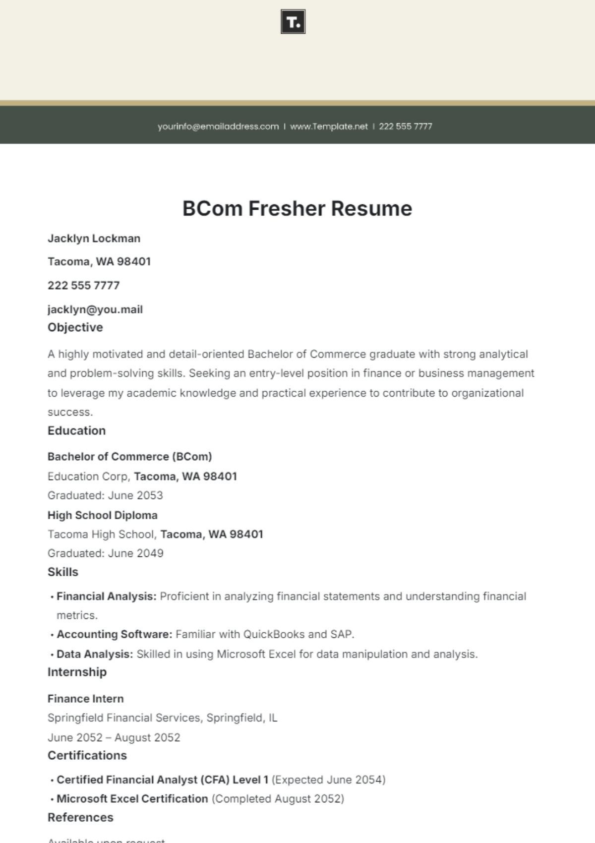 Free B.Com Fresher Resume Template to Edit Online