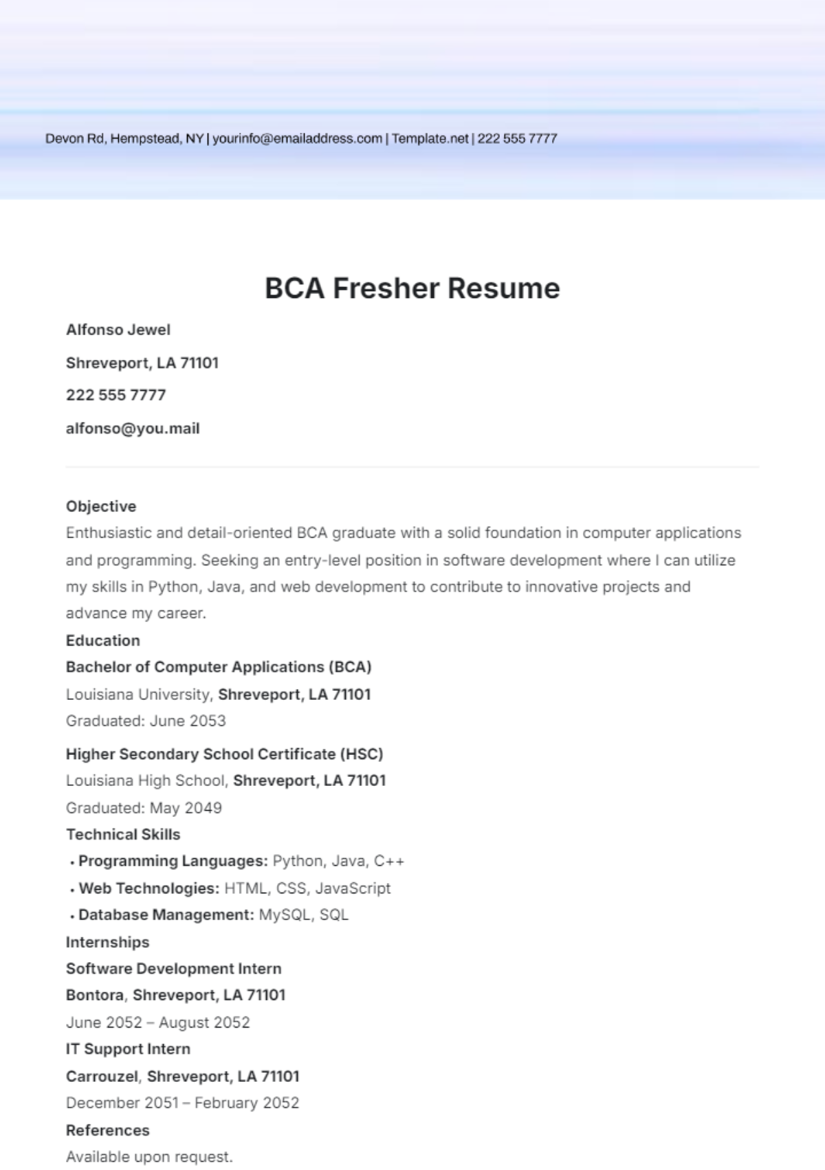 Free MCA Fresher Resume Template - Edit Online & Download | Template.net