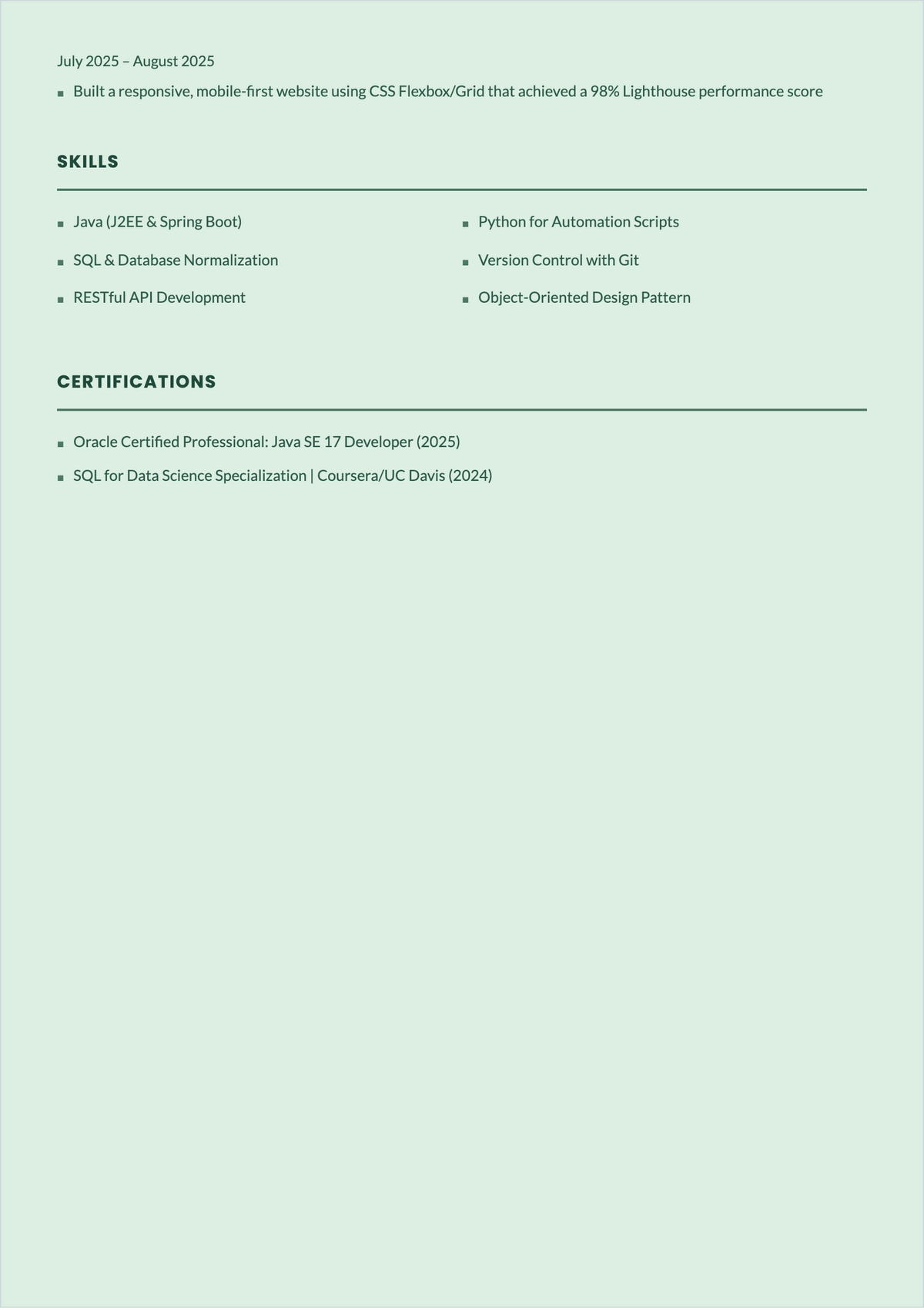 Free BCA Fresher ATS Resume Template, AI Resume Builder