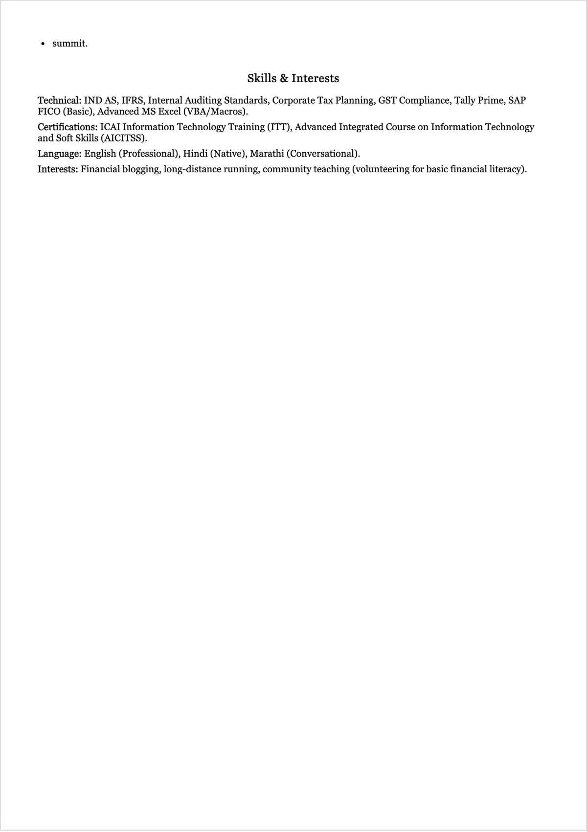 Free CA Fresher ATS Resume Template, AI Resume Builder