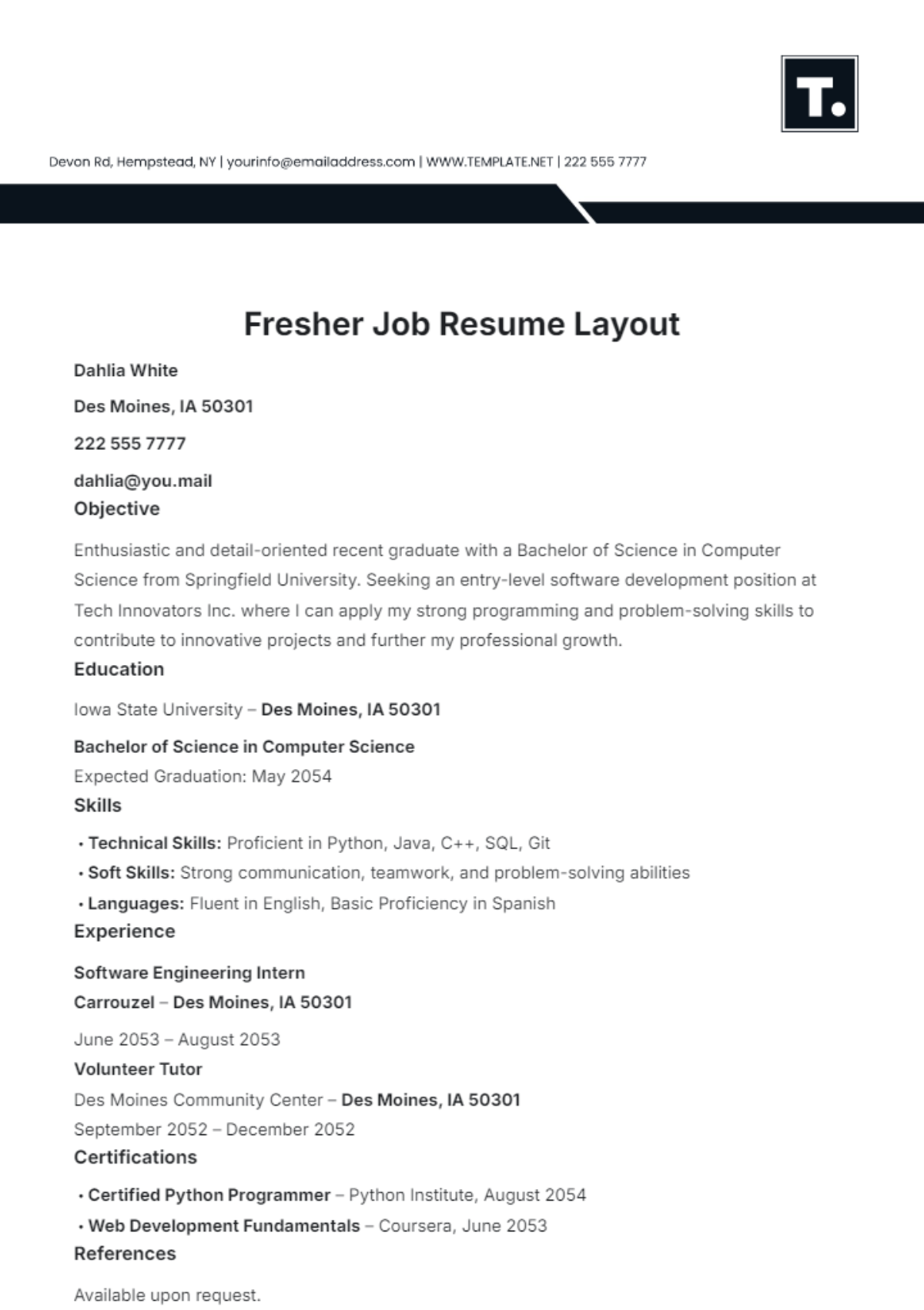 Free B.Com Fresher Resume Template to Edit Online