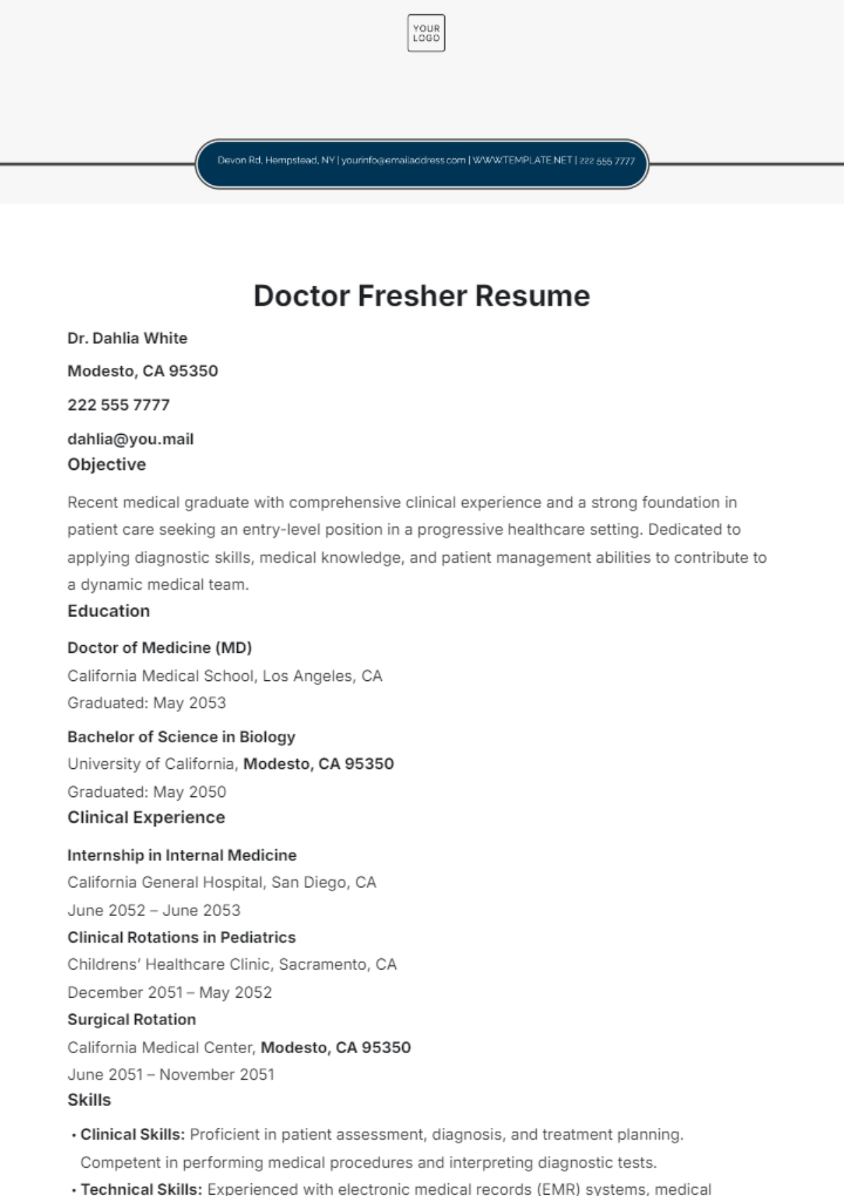 Free Doctor Fresher Resume Template To Edit Online Free Doctor Fresher Resume Template To Edit Online