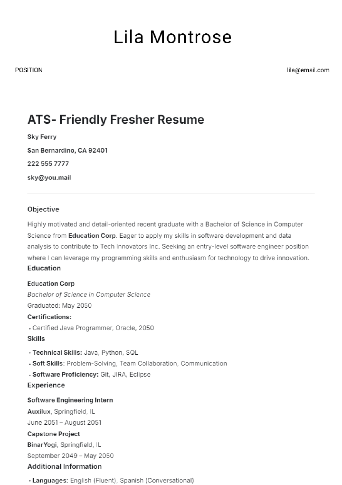 Free B.com Fresher Resume Template To Edit Online