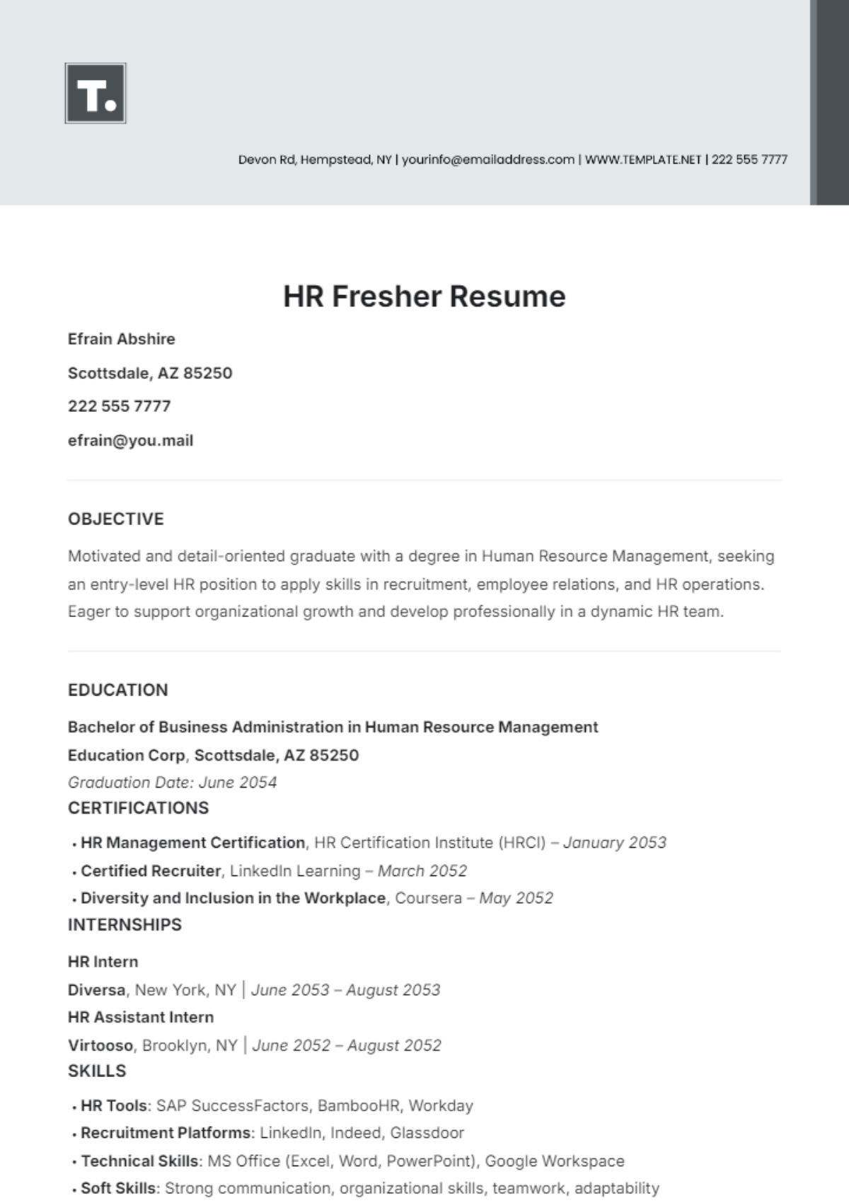 Free B.Com Fresher Resume Template to Edit Online