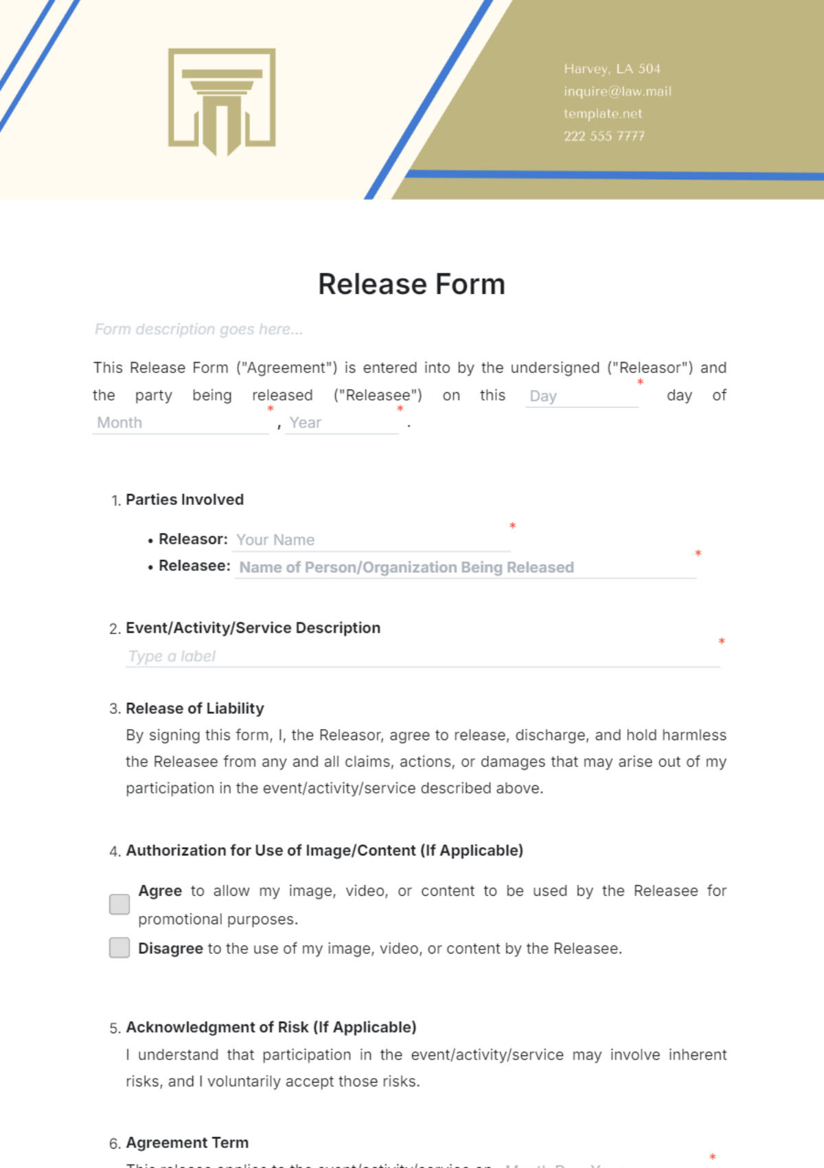 Release Form Template