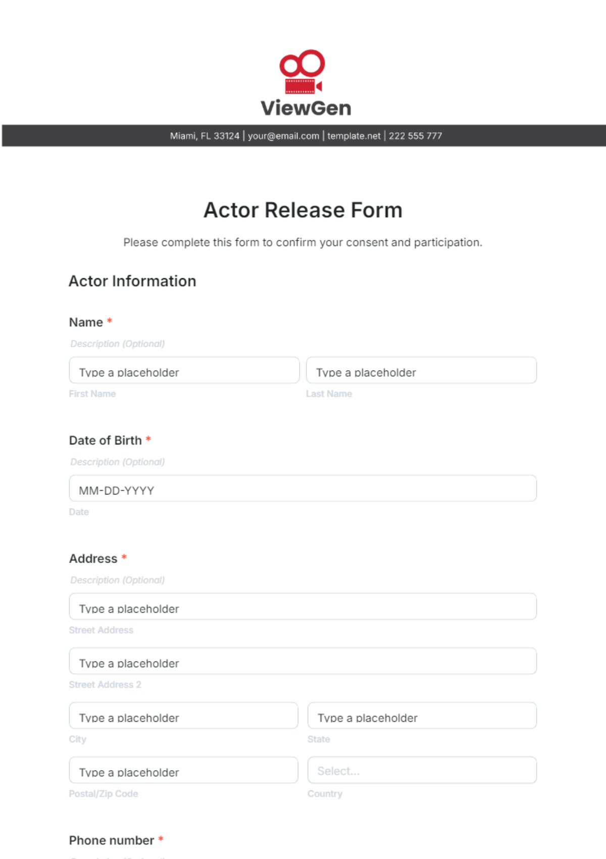 Actor Release Form Template - Edit Online & Download