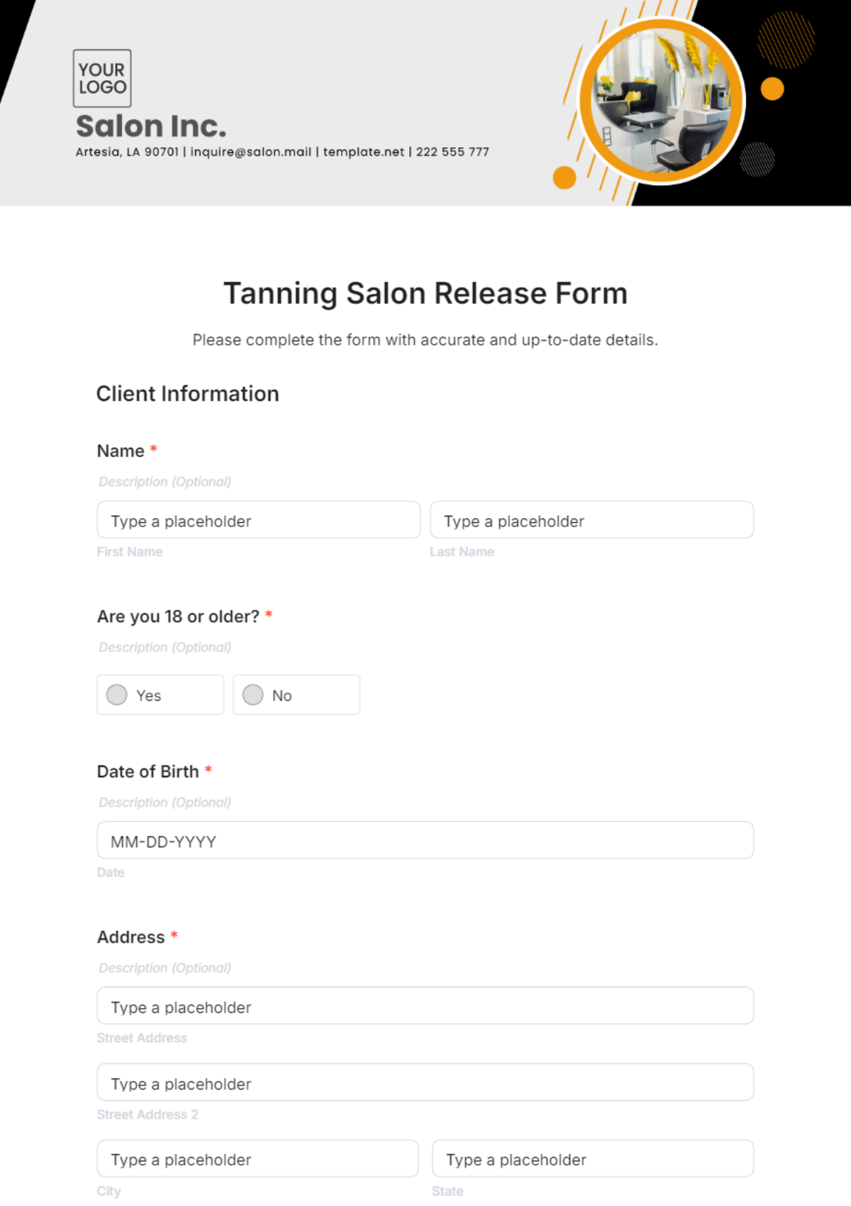 Tanning Salon Release Form Template