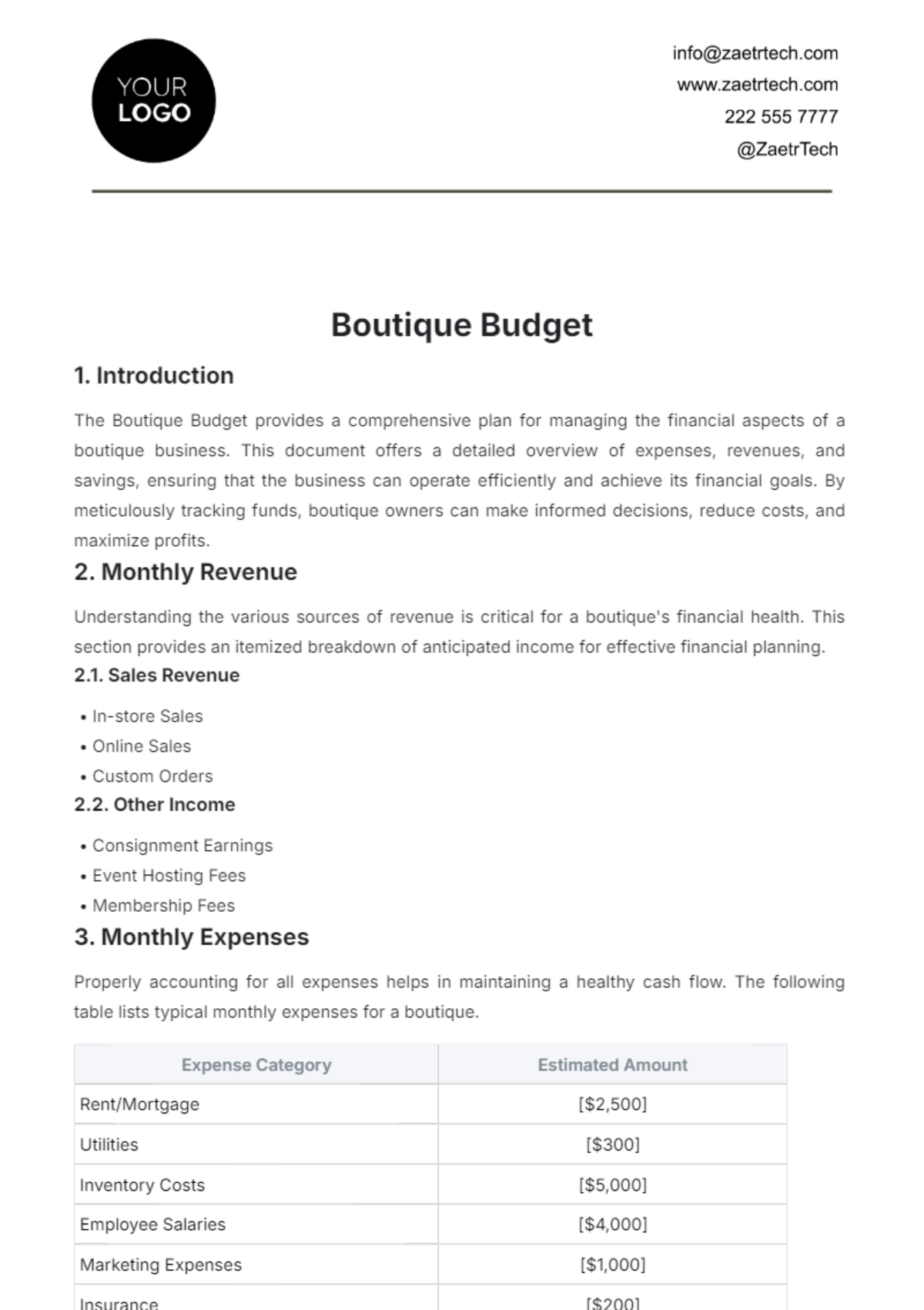 Boutique Budget Template - Edit Online & Download