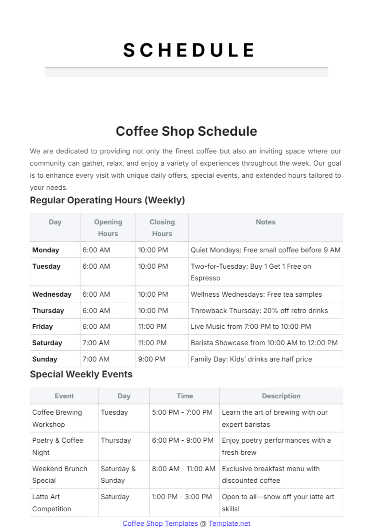 Coffee Shop Schedule Template - Edit Online & Download